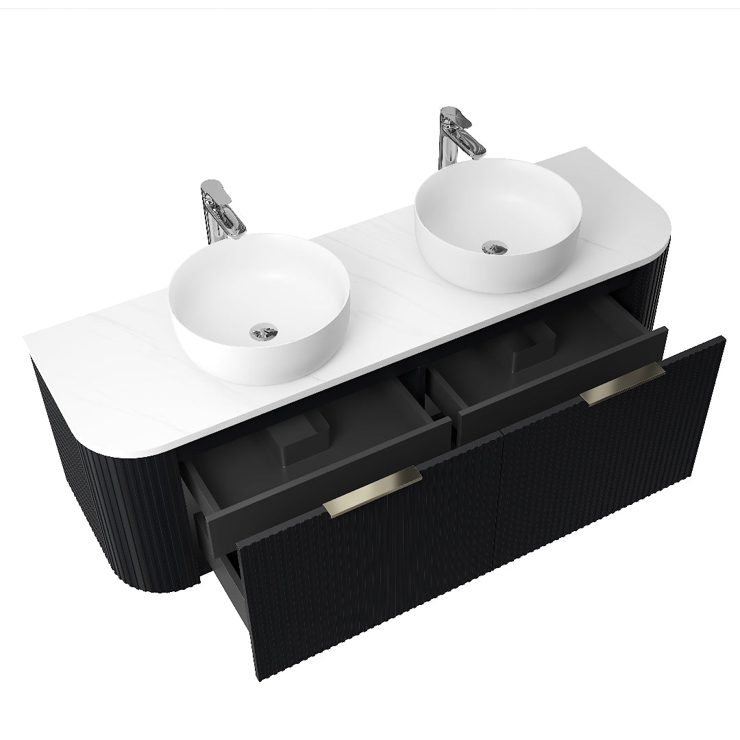 Ronda 1500 Curved Double Matte Black Fluted Wall Hung Vanity | Indulge Bathroom