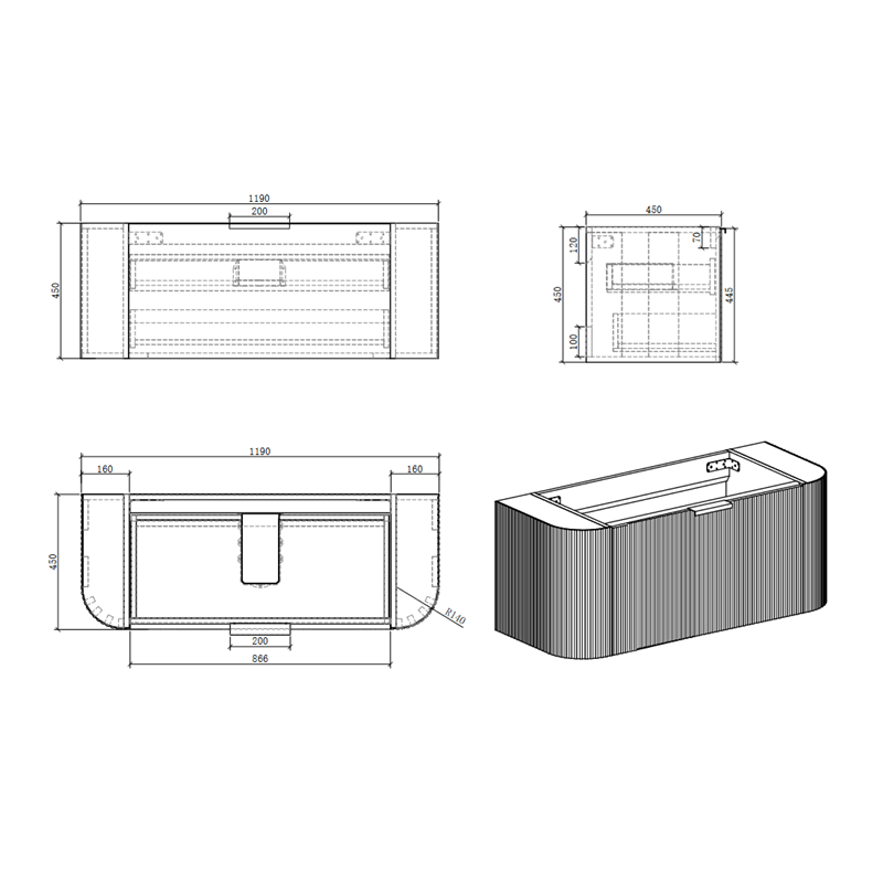 Ronda 1200 Curved Matte Black Fluted Wall Hung Vanity | Indulge Bathroom