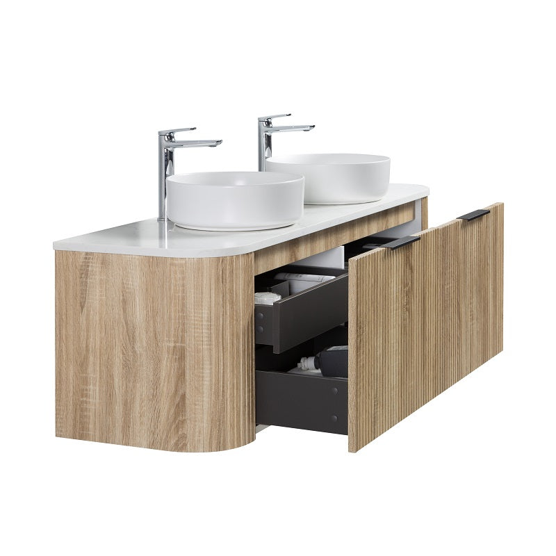 Ronda 1500 Curved Double White Oak Fluted Wall Hung Vanity | Indulge Bathroom