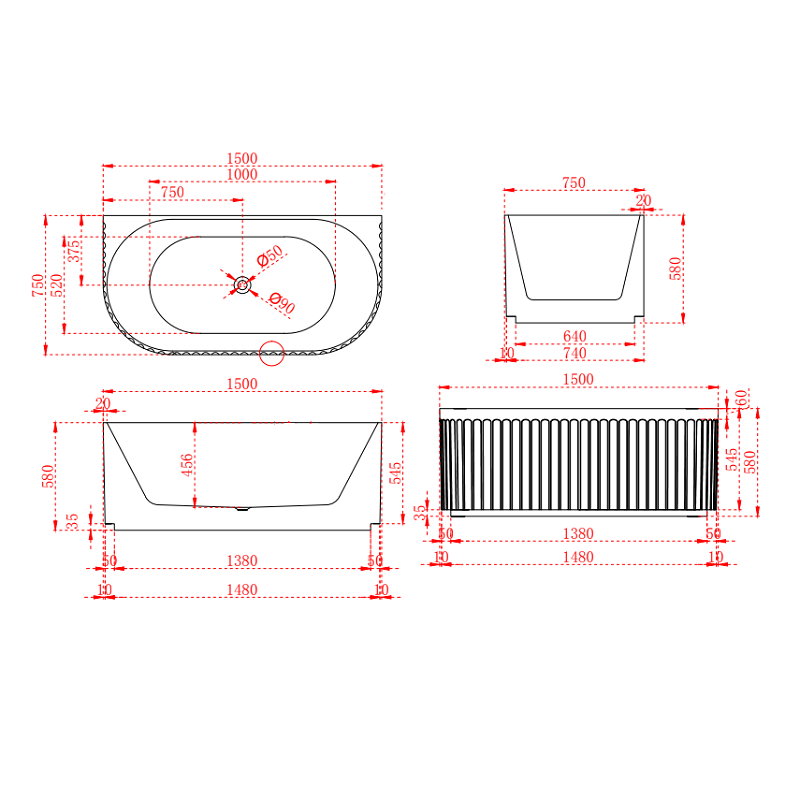 Kelsa Fluted 1500mm Matte White Back to Wall Designer Round Freestanding Bath | Indulge Bathroom