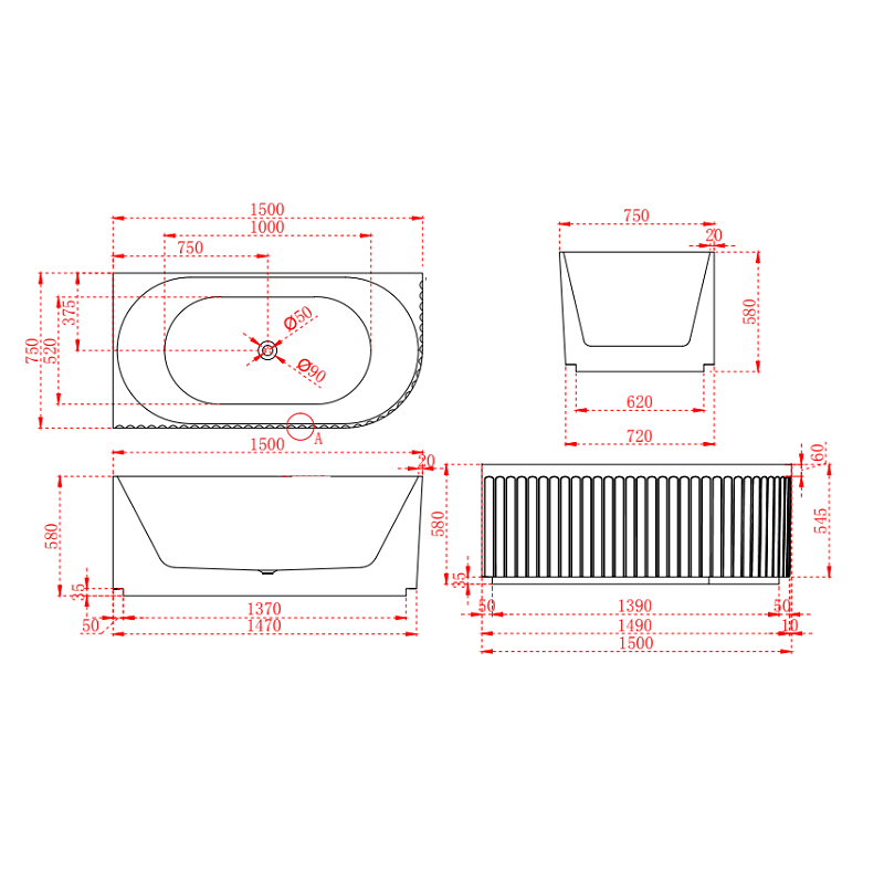 Kelsa Fluted 1500mm Matte White Left Corner Fit Designer Round Freestanding Bath | Indulge Bathroom