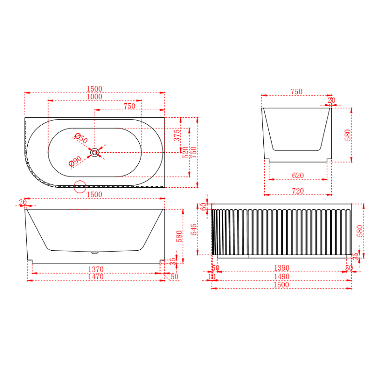 Kelsa Fluted 1500mm Matte White Left Corner Fit Designer Round Freestanding Bath | Indulge Bathroom
