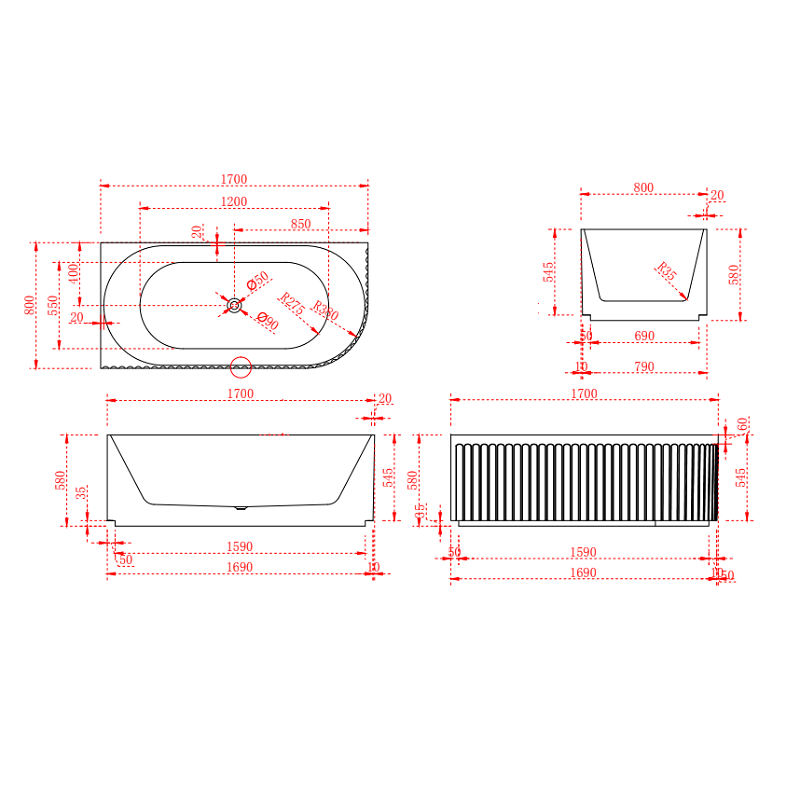 Kelsa Fluted 1700mm Matte White Left Corner Fit Designer Round Freestanding Bath | Indulge Bathroom