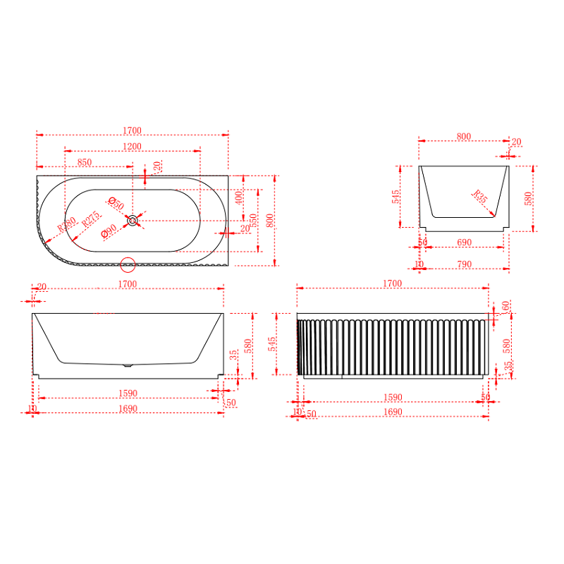 Kelsa Fluted 1700mm Matte White Left Corner Fit Designer Round Freestanding Bath | Indulge Bathroom