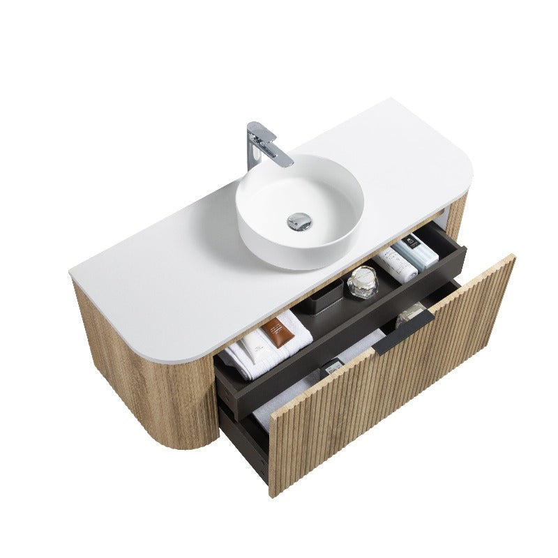 Ronda 1200 Curved White Oak Fluted Wall Hung Vanity | Indulge Bathroom