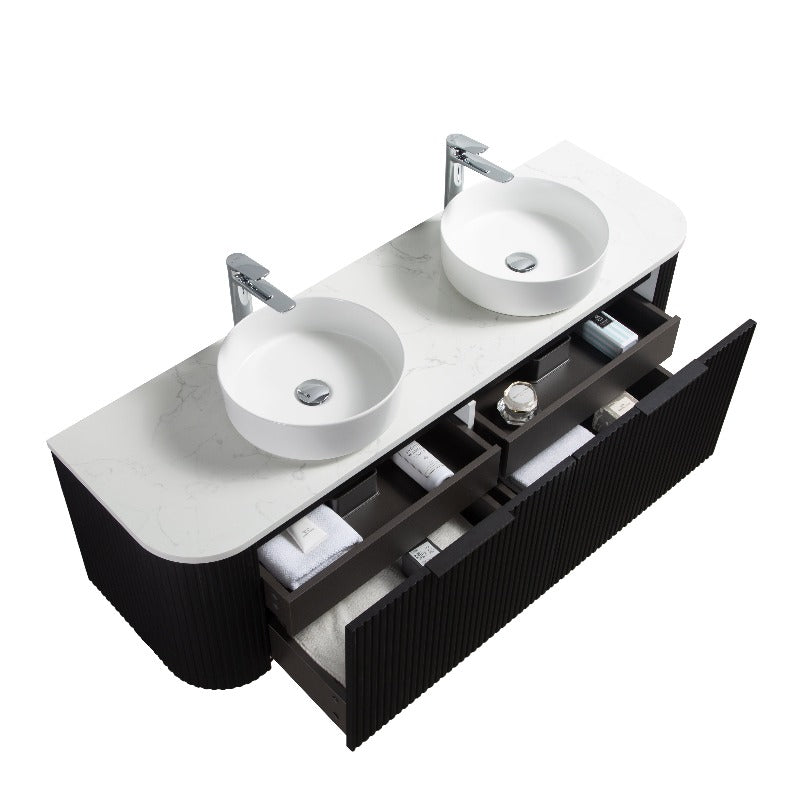 Ronda 1500 Curved Double Matte Black Fluted Wall Hung Vanity | Indulge Bathroom