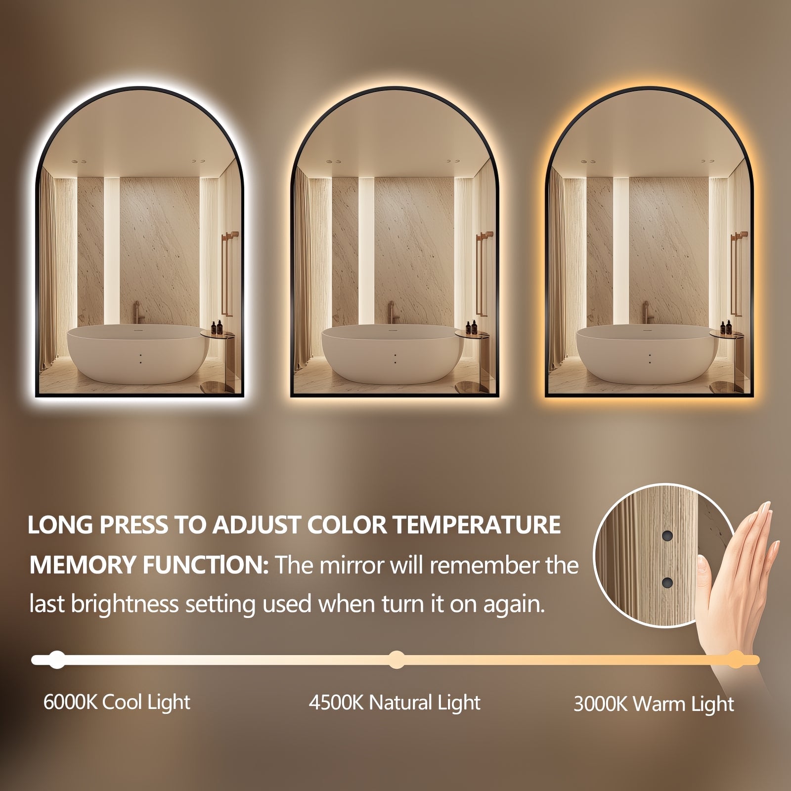 Arched Touchless Back-Lit Matte Black LED Mirror - Three Light Temperatures | Indulge Bathroom