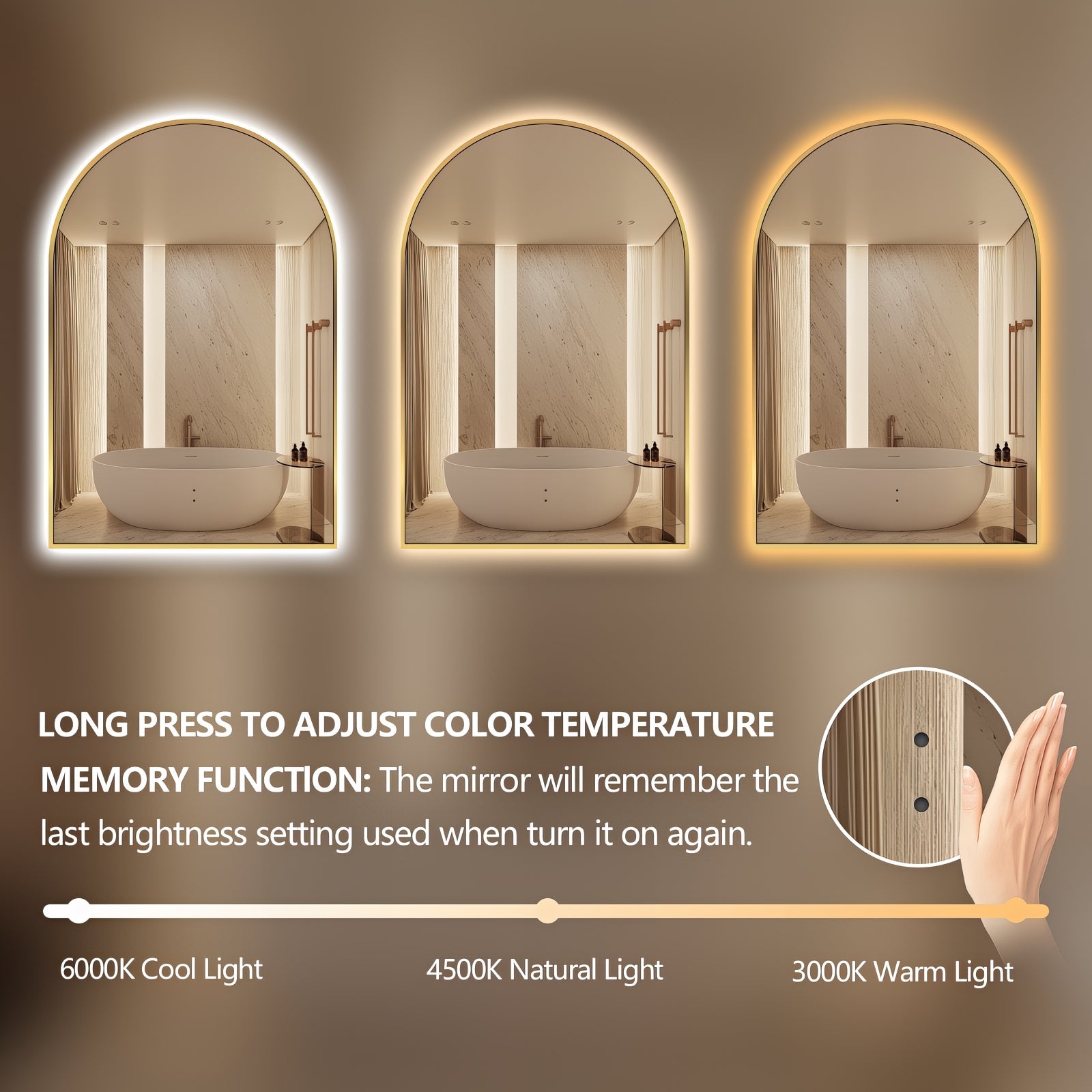 Arched Touchless Back-Lit Brushed Gold LED Mirror - Three Light Temperatures | Indulge Bathroom