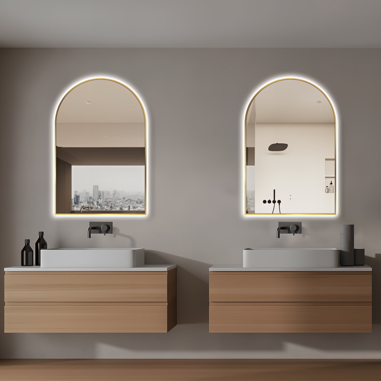 Arched Touchless Back-Lit Brushed Gold LED Mirror - Three Light Temperatures | Indulge Bathroom