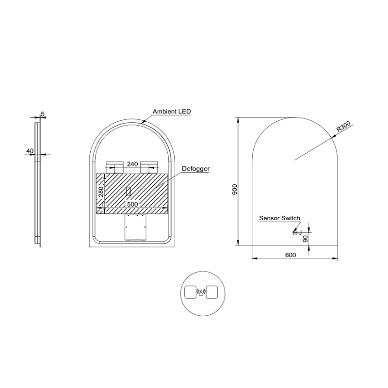 Arched 600 x 900mm Frameless LED Mirror - Touchless Motion Sensor | Indulge Bathroom