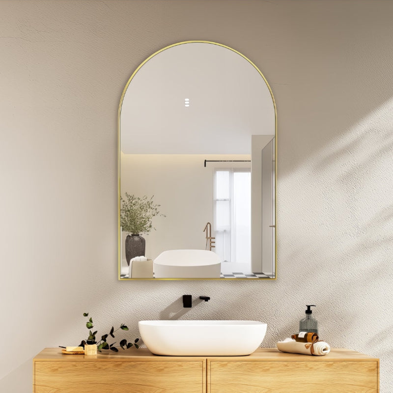 Arched Brushed Gold 600 x 900 Framed Mirror | Indulge Bathroom