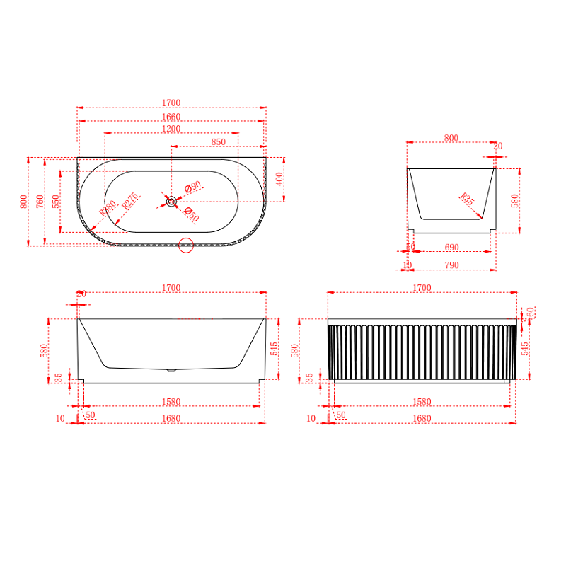 Kelsa Fluted 1700mm Matte White Back to Wall Designer Round Freestanding Bath | Indulge Bathroom