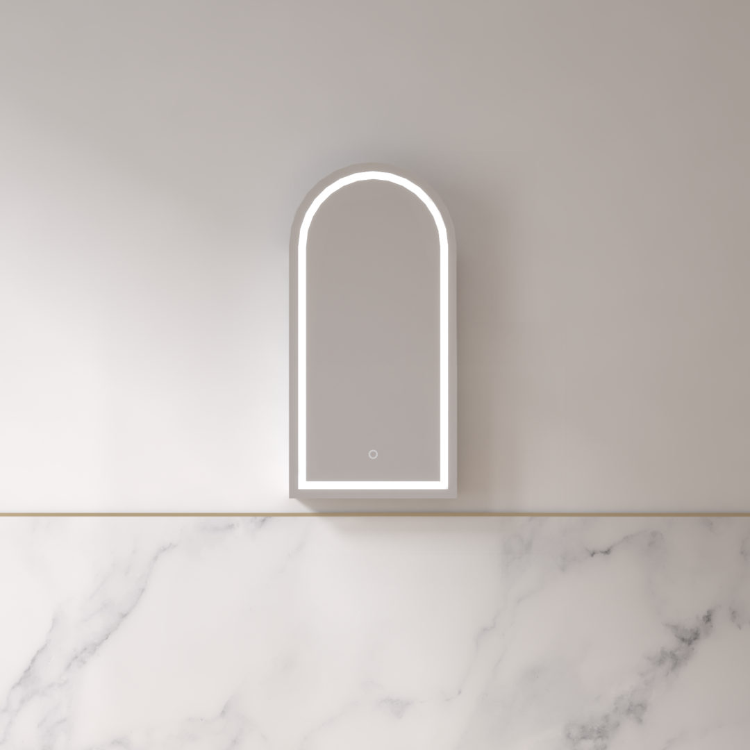 Cresta LED 450 x 900mm Matte White Arched Shaving Cabinet | Indulge Bathroom