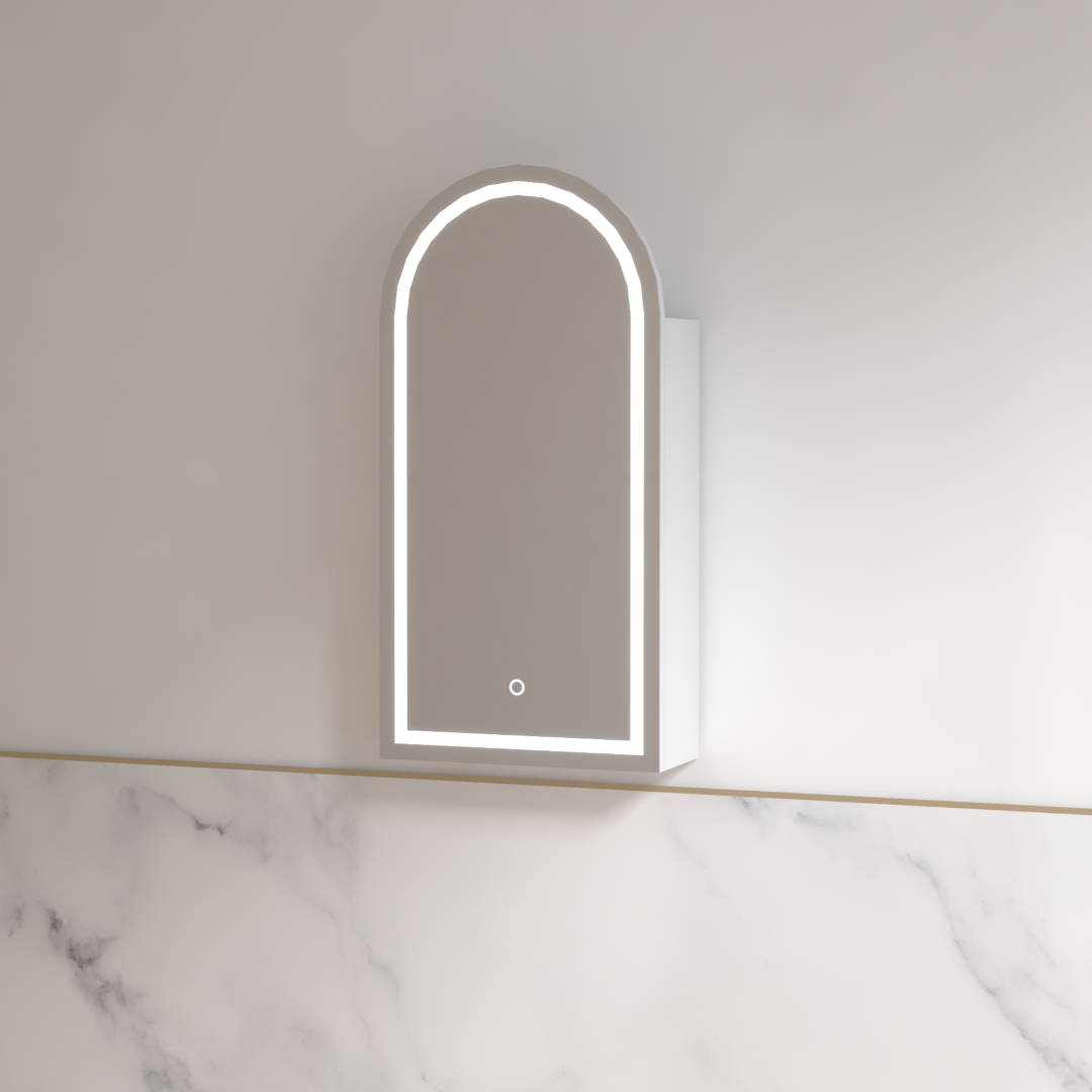 Cresta LED 450 x 900mm Matte White Arched Shaving Cabinet | Indulge Bathroom