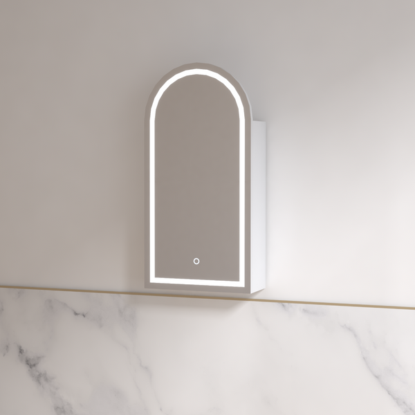 Cresta LED 450 x 900mm Matte White Arched Shaving Cabinet | Indulge Bathroom