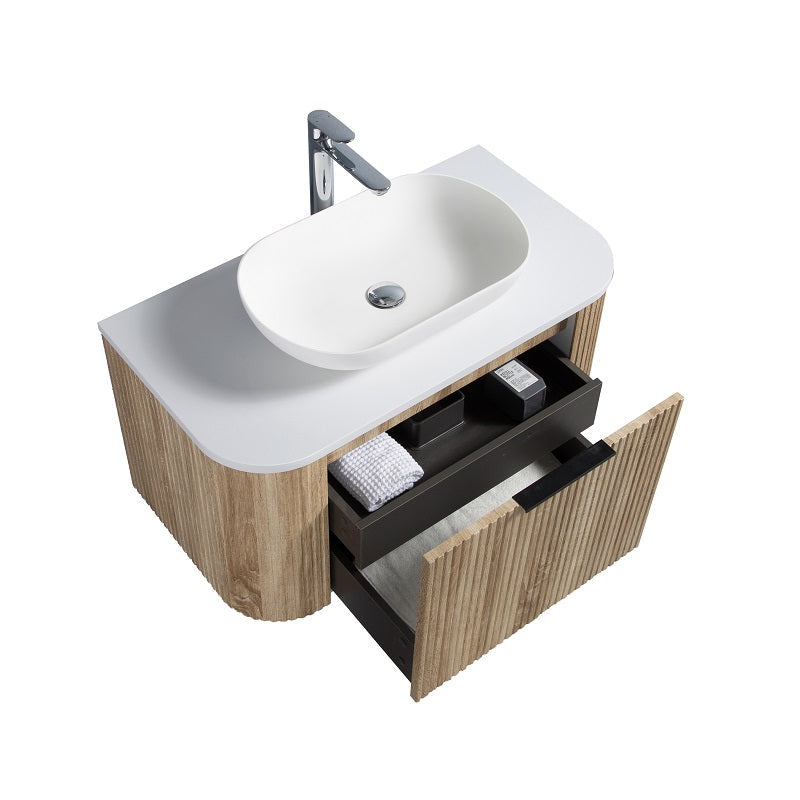 Ronda 900 Curved White Oak Fluted Wall Hung Vanity | Indulge Bathroom
