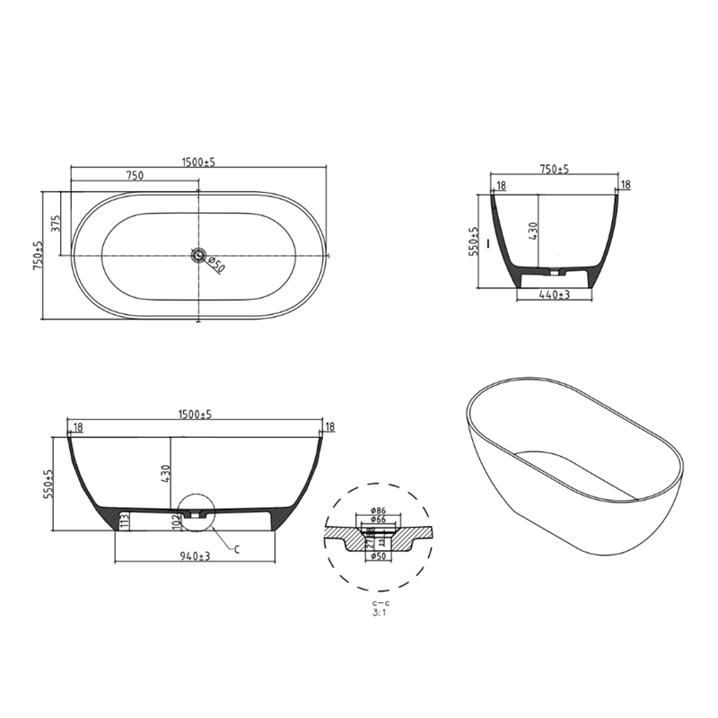 Fiora 1500mm Stone Matte White Freestanding Bath Tub | Indulge Bathroom