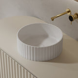 Flora 380mm Matte White Fluted Solid Surface Stone Round Above Counter Basin | Indulge Bathroom