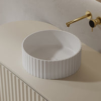Flora 380mm Matte White Fluted Solid Surface Stone Round Above Counter Basin | Indulge Bathroom