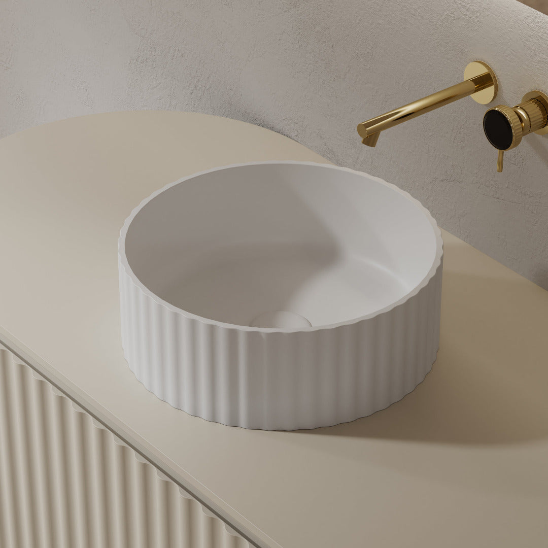 Flora 380mm Matte White Fluted Solid Surface Stone Round Above Counter Basin | Indulge Bathroom