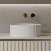 Flora 380mm Matte White Fluted Solid Surface Stone Round Above Counter Basin | Indulge Bathroom