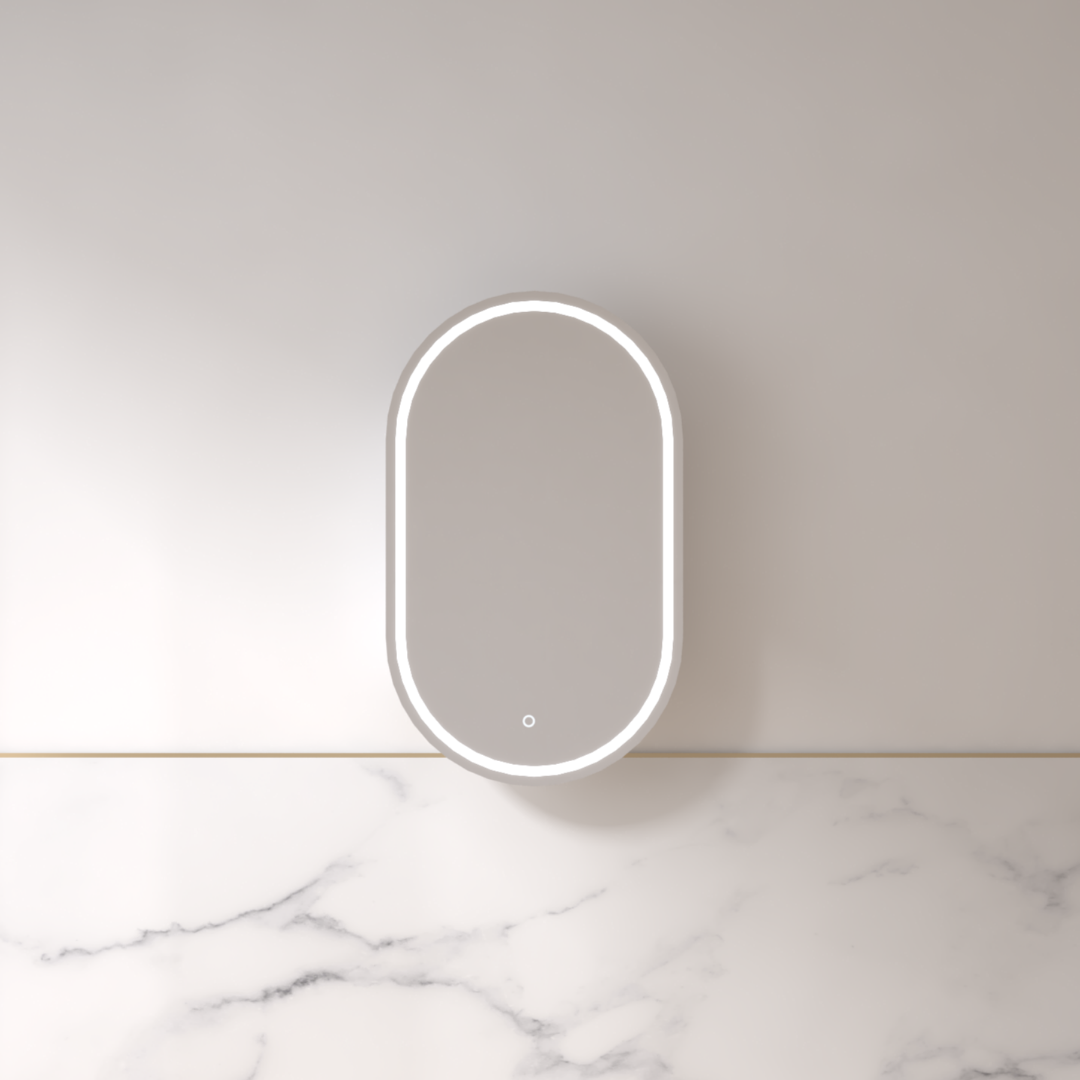 Luna LED 600 x 1000 Matte White Oval Pill Shaving Cabinet | Indulge Bathroom