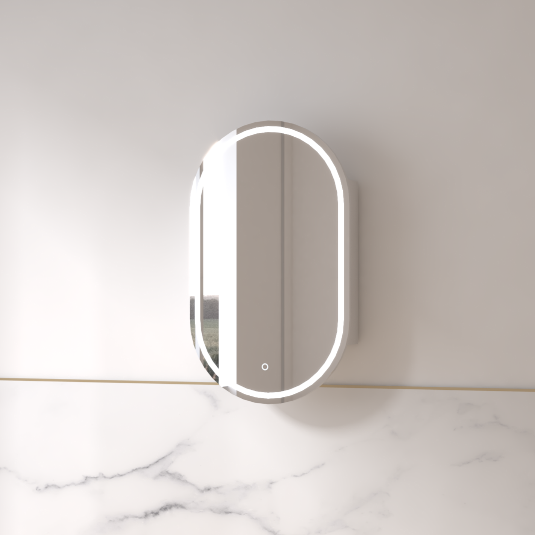 Luna LED 600 x 1000 Matte White Oval Pill Shaving Cabinet | Indulge Bathroom