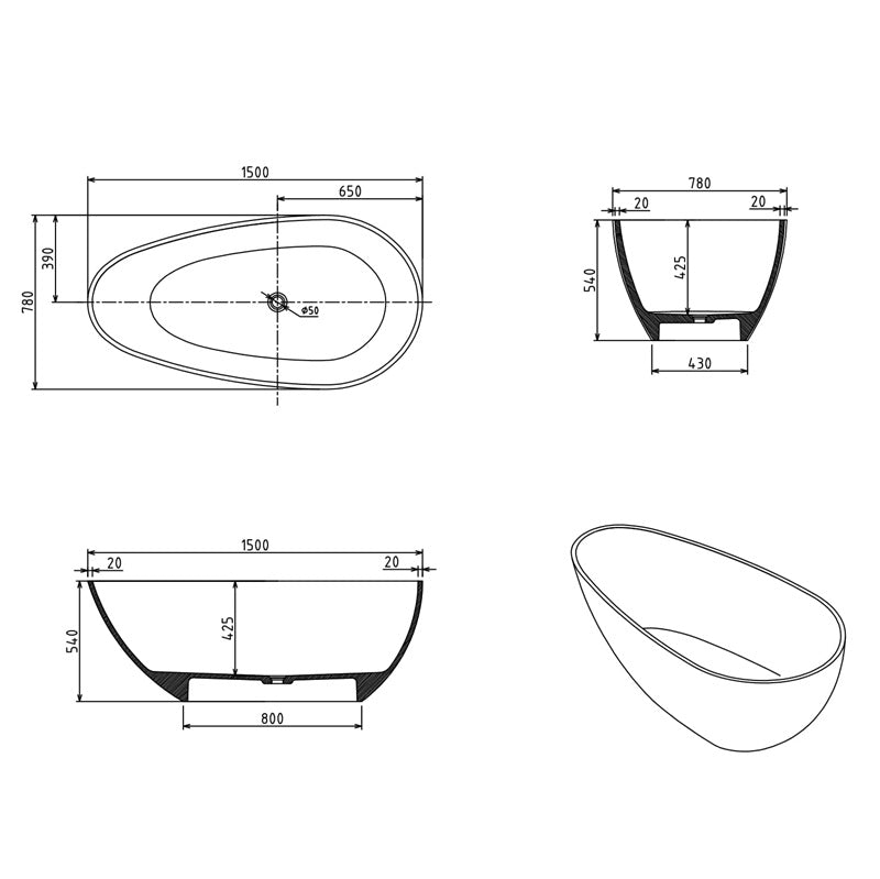 Ocean 1500mm Stone Matte White Freestanding Bath Tub | Indulge Bathroom