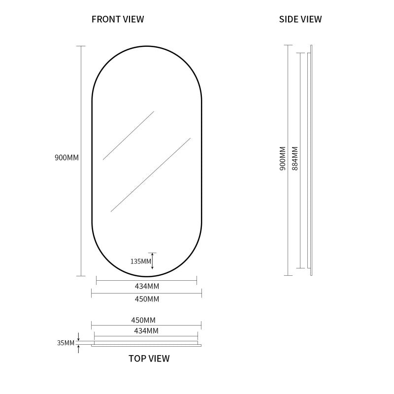 Oval Pill Touchless Back-Lit Matte Black 450 x 900 LED Mirror - Three Light Temperatures | Indulge Bathroom
