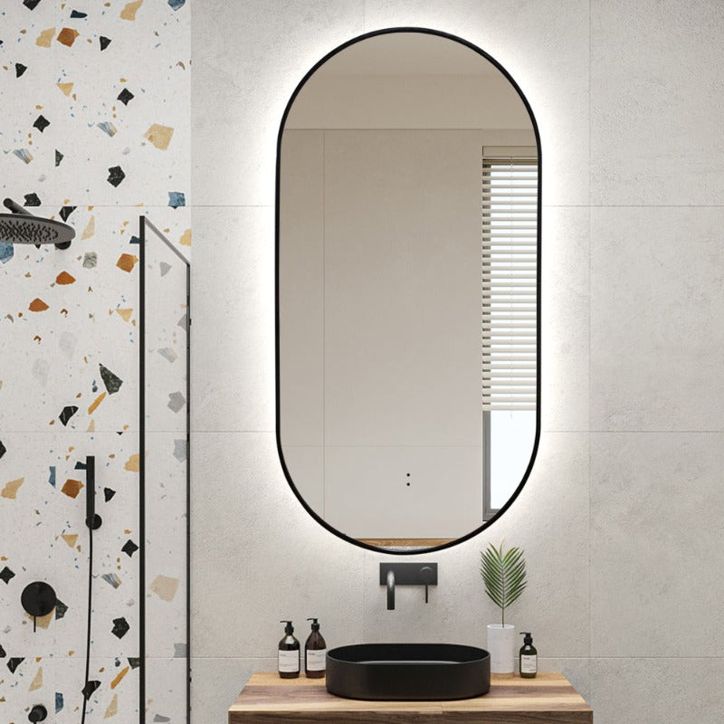 Oval Pill Touchless Back-Lit Matte Black 450 x 900 LED Mirror - Three Light Temperatures | Indulge Bathroom