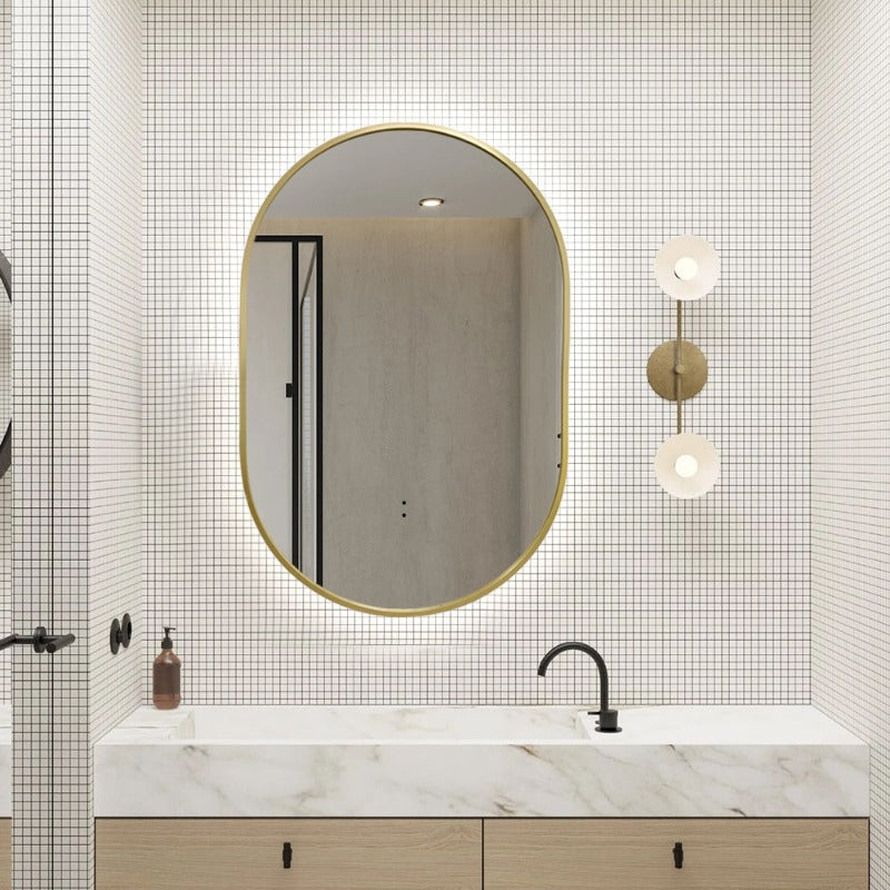 Oval Pill Touchless Back-Lit 600 x 900 Brushed Gold LED Mirror - Three Light Temperatures | Indulge Bathroom