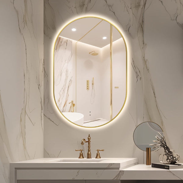 Oval Pill Touchless Back-Lit 600 x 900 Brushed Gold LED Mirror - Three Light Temperatures | Indulge Bathroom