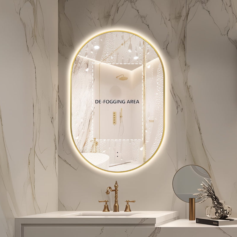 Oval Pill Touchless Back-Lit 600 x 900 Brushed Gold LED Mirror - Three Light Temperatures | Indulge Bathroom