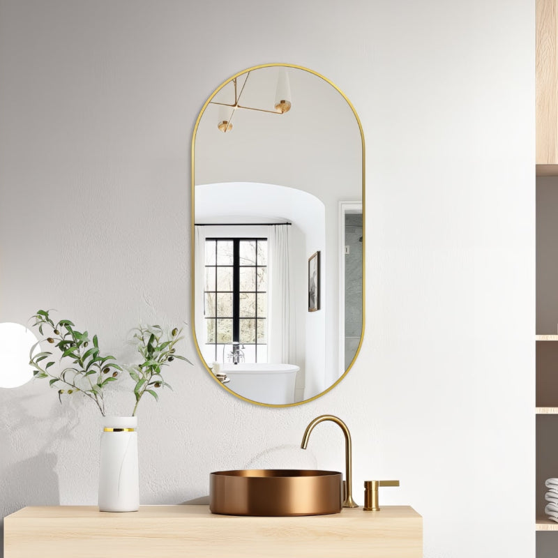 Oval Brushed Gold 450 x 900 Framed Mirror | Indulge Bathroom